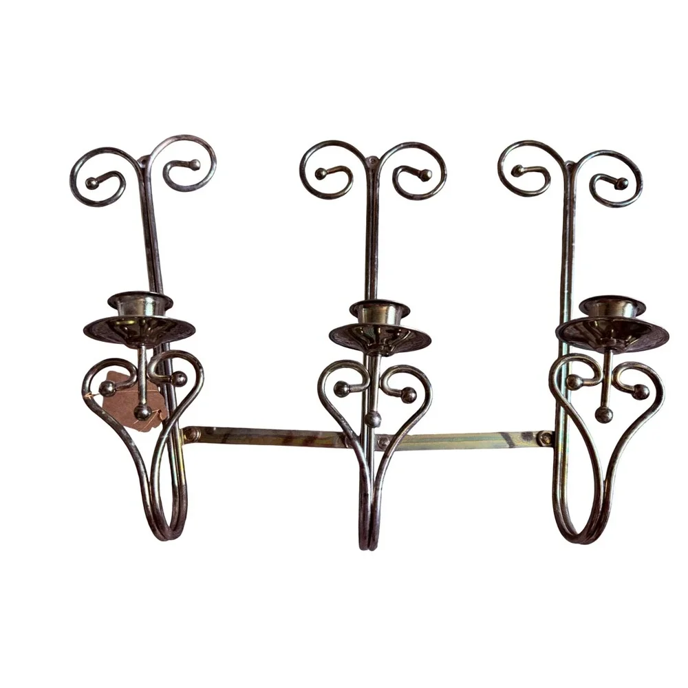 Vintage Gold Tone Metal Triple Wall Sconce Scroll Heart Candelabra Hinged Arm